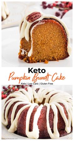 two pictures of pumpkin bundt cake with white frosting on the top and bottom