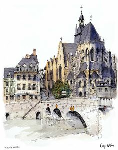 a watercolor painting of an old european city with bridges and buildings in the background