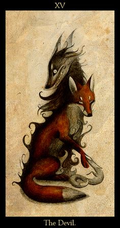 the devil tarot card with an image of a demon and a fox on it