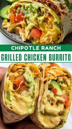 a chicken burrito cut in half and topped with guacamole