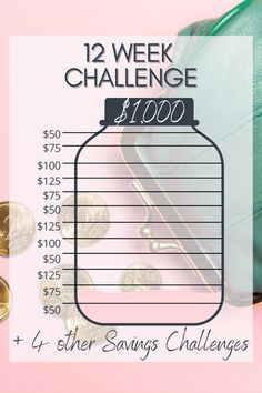 an image of a purse and money with the text 12 week challenge $ 1, 000