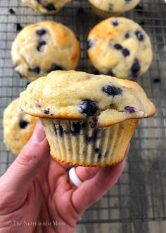 blueberry muffins being held up by someone