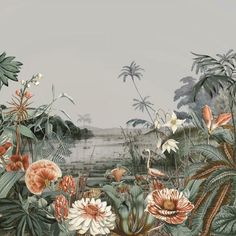 an image of a painting with flowers and plants in the foreground, including palm trees