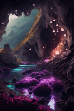 the inside of a cave filled with purple and green plants next to a body of water