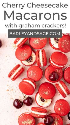 cherry cheesecake macarons with graham crackers and cherries on a white surface