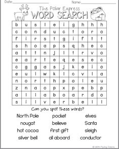 word search worksheet for the polar express