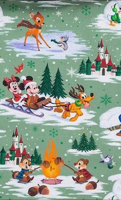 mickey mouse and friends on sleigh in the snow with santa clause, reindeers and