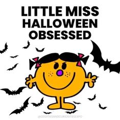 a little miss halloween obsesed poster with bats in the background and a cartoon girl smiling