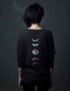 Get 10% off your first order: join.lucidamystica.com Embrace your inner power with the Glitch Moon Phase long sleeve shirt. Perfect for all modern mystics and spiritual seekers, it is crafted from 100% breathable cotton, seamlessly blending edgy aesthetics with modern comfort. Elevate your everyday style with this unique addition to your wardrobe staples. Choose from a variety of plus sizes up to 3XL for a roomy fit, or size up for an oversized look. Surprise any of your mystical friends with a Black Long Sleeve Top With Moon Print, Plus Size Goth, Witchy Style, The Glitch, Alternative Aesthetic, Contemporary Clothes, Inspired Clothes, Inner Power, Moon Shirt