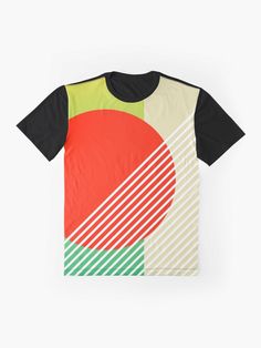 a t - shirt with an abstract design in red, green and yellow on the front