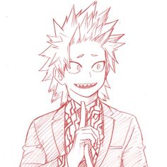 a drawing of an anime character in a suit with his hand on his chin and one eye open