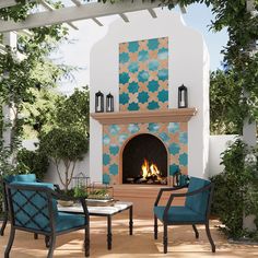 an outdoor fireplace with blue chairs around it