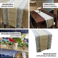 [About] Quantity: 1 Table Runner Measurements: 16" wide x 108" length Material: High Quality Jute/Burlap with Embroidered Lace Fabric How to Care: Dry clean only Edges are serged. Seamless, 1 pc design. Burlap material has an unique smell and is unavoidable. This is not a defect, and is actually indication that this is 100% authentic burlap material. Uses: Boho Decor, Rustic Wedding, Outdoor Weddings [Information] Additional Information: Measurements: 16" wide x 108" length Material: High qualit Burlap Runner, Pc Design, Burlap Runners, Rustic Chic Decor, Lace Runner, Burlap Table, Lace Edges, Table Overlays, Tulle Curtains