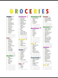 a printable grocery list with the words groceries in different colors and sizes on it