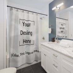 a bathroom with a shower curtain that says, your design here i color, text logo or photo