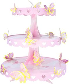 three tiered cake stand with butterflies on the top, and hearts on the bottom