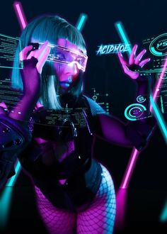 a woman in neon clothing holding up her hands and looking at the camera while wearing futuristic gadgets