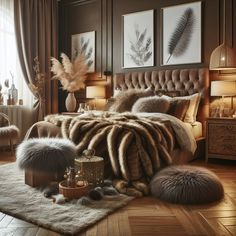 a bedroom with brown walls and fur on the bedspread, rugs and lamps