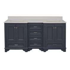 a double sink vanity with two drawers and one counter top in dark blue, against a white background