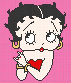 a cross stitch pattern with a woman's face in the center, and a red heart on her chest