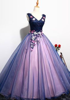 Lovely Organza Pink and Blue Flowers Sweet 16 Gown, Long Formal Gown, #promdress #sweet16dress #gown #promdress2020 Mini Ball Gown, Formal Prom Dresses Long, Classic Flower, Long Formal Gowns, Prom Formal, Dresses Party, Formal Dresses Prom, Dresses For Teens, Quinceanera Dresses