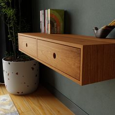 a potted plant sitting on top of a wooden shelf next to a bookshelf