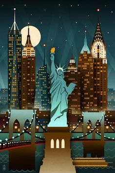 the statue of liberty in new york city, ny at night with lights and buildings