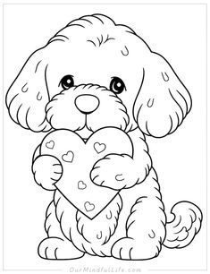 a cute puppy holding a heart shaped cookie in his paws coloring pages for kids, printable