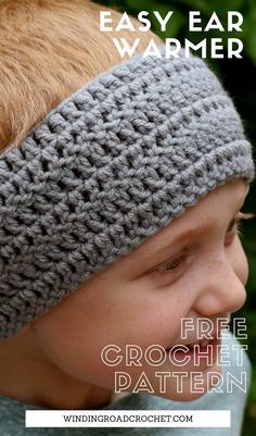 a young boy wearing a crochet headband with the text easy ear warmer