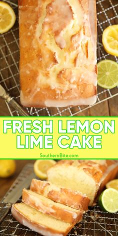 fresh lemon lime cake on a cooling rack with sliced lemons in the background and text overlay