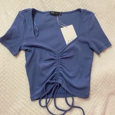 Originally Bought From Zara With A Small Hole In The Front And Never Got The Chance To Return. Such An Adorable Crop Top And Vibrant Blue! Nwt Blue Cotton Drawstring Tops, Casual Blue Top With Drawstring, Fitted Blue Top With Drawstring, Blue Stretch Zara Crop Top, Zara Blue Stretch Crop Top, Front Crop Top, Small Clothes, Cute Crop Tops, Vibrant Blue