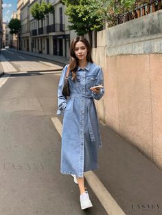 Lasaky - Long-sleeved Denim Shirt Dress with Bubble Sleeves and Waist Belted Long Splits Light Wash Long Sleeve Denim Dress, Blue Long-sleeved Denim Dress With Pockets, Long Sleeve Washed Blue Denim Dress, Long Sleeve Medium Wash Denim Dress For Day Out, Light Blue Long Sleeve Cotton Denim Dress, Blue Long Sleeve Denim Dress With Pockets, Long Sleeve Washed Blue Denim Spring Dress, Long Sleeve Washed Blue Denim Dress For Spring, Washed Blue Long Sleeve Denim Dress For Spring