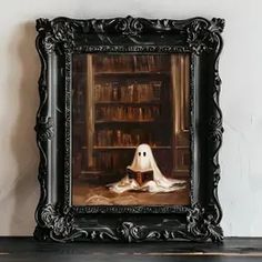 a painting of a ghost sitting in front of a bookshelf on a shelf