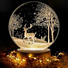 a snow globe with an image of a deer in the woods on it, surrounded by christmas lights