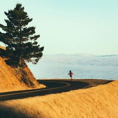 a person walking down a hill with a tree on the side and clouds in the background