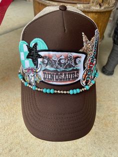 Custom trucker patch hat, with all the favorite outlaw country "Dinosaurs". Comes with 7 patches and one custom beaded trucker chain. Made on a mesh snap back trucker hat. This item will not be altered. Trucker Hats With Patches, Hat Bar, Outlaw Country, Western Style Outfits, Patch Hat, Hat Ideas, The Favorite, Snap Back, Snap Backs