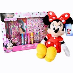 the minnie mouse stationery set is packed with markers, pens and stuffed animal toy