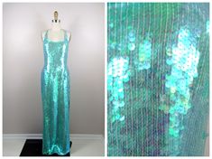 "This is a JAW-DROPPING vintage gown! It's fully embellished with iridescent sequins and in perfect condition! Measurements: Bust - 34\" Waist - 27\" Hips - 36\" Length - 59\" This item comes from a pet-free and smoke-free home. If you would like more info or have any questions, please don't hesitate to ask!" Glamorous Green Sequined Mermaid Dress, Glamorous Green Mermaid Dress With Sequins, Fitted Mermaid Gown With Sequins, Embellished Mermaid Evening Dress, Glamorous Mermaid Sequin Dress For Wedding, Sequin Mermaid Gown For Night Out, Night Out Mermaid Sequin Evening Dress, Fitted Mermaid Evening Dress With Sequins, Sequin Mermaid Dress For Prom