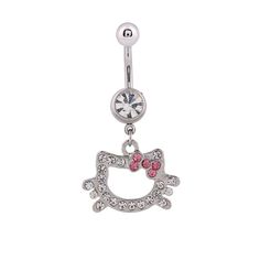 a hello kitty belly ring with pink and white crystals on the bottom, in silver