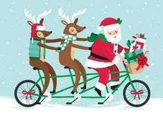 three reindeers riding on a bike with santa claus