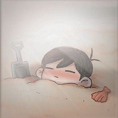 a drawing of a boy laying in the sand with a hammer sticking out of his head