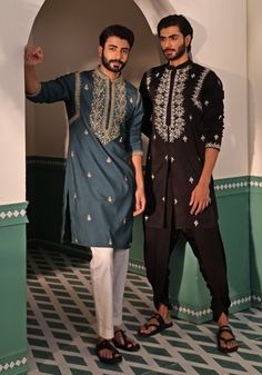 Emerald Green Embroidered Silk Kurta Set Shreyansh - Fabilicious Fashion Hole Embroidery, Kurta Designs Men's, Indian Wedding Clothes For Men, Silk Kurta Set, Wedding Kurta For Men, Boys Kurta Design, While Loop, Black Kurta, Wedding Dresses Men Indian