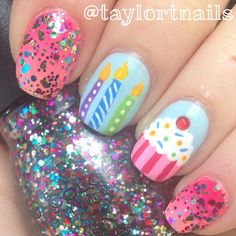 Birthday Party Nails Designs, Birthday Cake Nail Art, Birthday Themed Nails, Birthday Nails For Kids, Happy Birthday Nails Designs, Kids Nails Cute Simple, Cute Nails For Birthday, Happy Birthday Nails, Birthday Party Nails