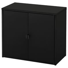 a black cabinet with two doors is shown