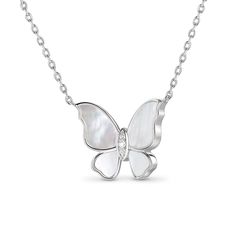 Add elegance to your outfit with this beautiful mother of pearl butterfly pendant. Crafted in sterling silver and adorned with mother of pearl and white stones, this necklace recreates the charm of the butterfly. It is ideal for all butterfly lovers.Carat Weight: 0.039 ctStone Size: 1.1,1.3 mmStone Type: Jeulia® StoneNumber of Stones: 3 Stone Shape: RoundStone Color: Diamond WhiteWeight: 4.03 gMaterial: 925 SilverPlating Color: SilverLength: 425 mm Luxury White Gold Butterfly Necklace As Gift, Delicate Sterling Silver Butterfly Necklace In White Gold, Mother Of Pearl Necklace For Anniversary, Elegant White Gold Butterfly Necklace As Gift, White Butterfly Necklace In Fine Jewelry Style, Elegant Silver Butterfly Necklace For Anniversary, Delicate White Gold Butterfly Necklace In Sterling Silver, White Butterfly Jewelry For Gift, Delicate White Butterfly Necklace For Gift