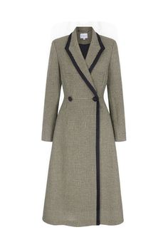 Our Washington Prince of Wales Coat is a chic wardrobe investment, taking inspiration from a vintage hunting coat. Cut from an incredibly soft and warm luxurious cashmere virgin wool blend Italian cloth, The Washington Coat is extremely flattering, with a modern semi-fitted cut, outlined in chic black silk satin. The coat is also entirely lined in silk satin. The soft A-line midi skirt of the coat has perfectly-placed front pockets. Single breasted button detailing with black silk contrast cover Coat Dresses For Women, A Line Coat, Suzannah London, Long Coat Outfit, Luxury Coat, Winter Coat Dress, Dress Coats, Hunt Coat, Vintage Hunting