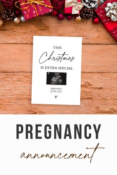 this christmas is extra special announcement with presents on the wooden background and text overlay