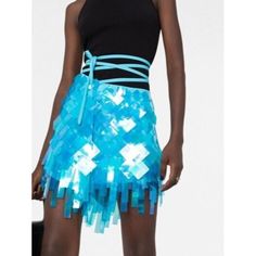 New ! Size 42 Self: 100% Polyester Embroidery: 90% Polyvinyl Chloride, 10% Vetro Made In Italy Dry Clean Only Double Lined Open Front With Wrap Around Waist Tie Closure Geometric Paillettes Detail 918 The Attico Aurelie Mini Skirt Turquoise Blue Embellished Wrap Waist 42 Nwt $1800 The Attico, Wrap Maxi Skirt, Sequin Mini Skirts, Polyvinyl Chloride, Night Out Outfit, Asymmetrical Skirt, Blue Skirt, Denim Mini Skirt, Fashion Help