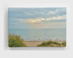 an ocean view with grass on the beach and sky in the background