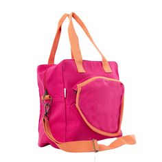 a pink bag with an orange handle and zipper on the side, sitting against a white background